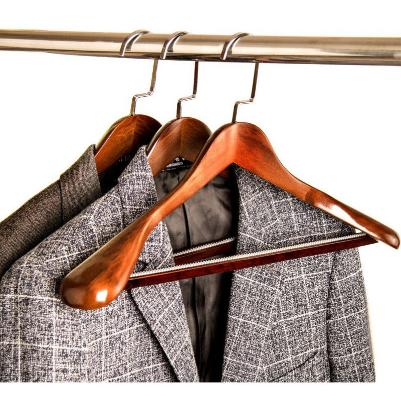 Wide Shoulder Wooden Suit Hangers with Non Slip Pants Bar