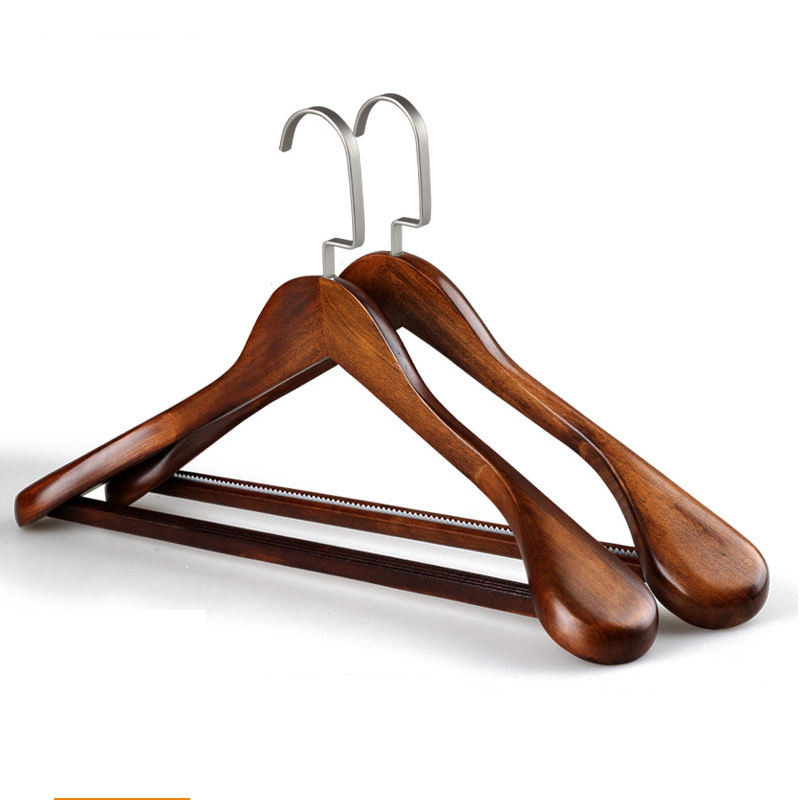 Wide Shoulder Wooden Suit Hangers with Non Slip Pants Bar