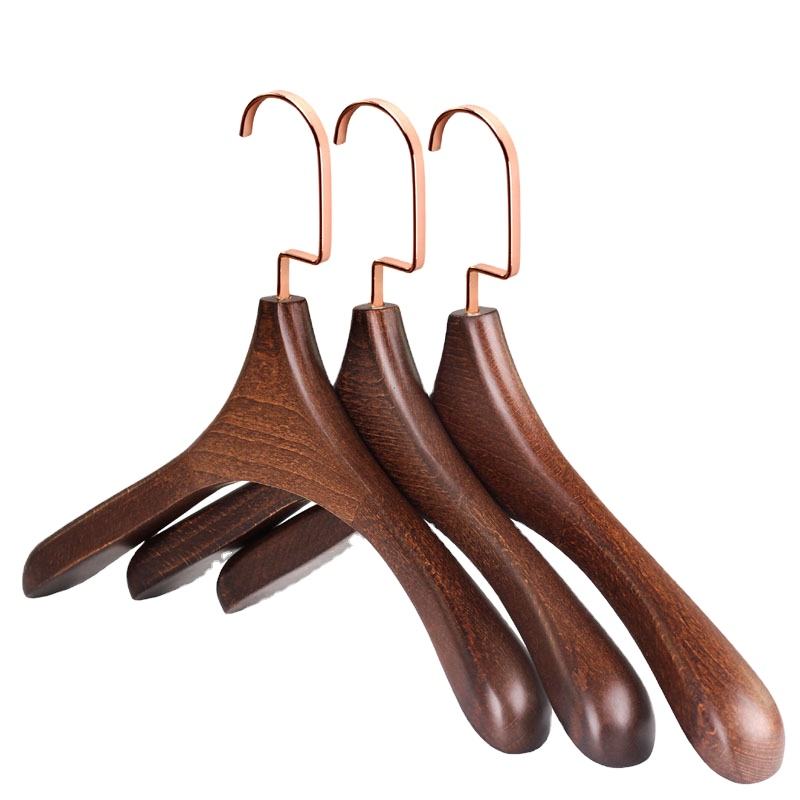 Luxurious Unique Shaped Wooden Clothes Hangers in Black/Vintage Brown Finish with Long Golden Hook for Coats/Suits/Jacket/Top Garment