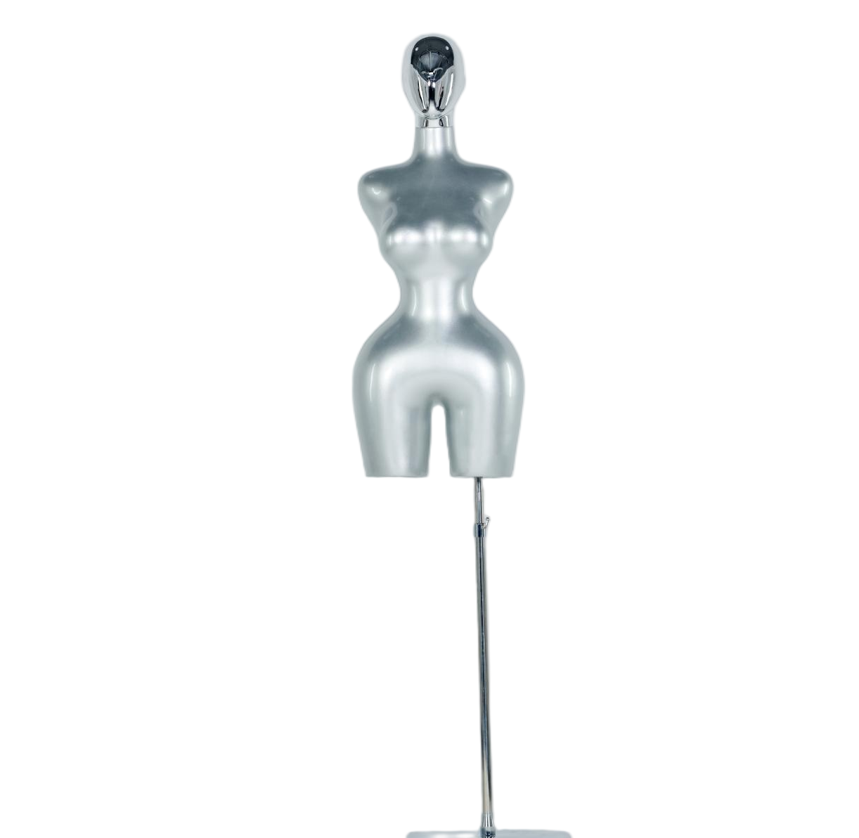 Manequim feminino prateado de meio corpo com cabeça