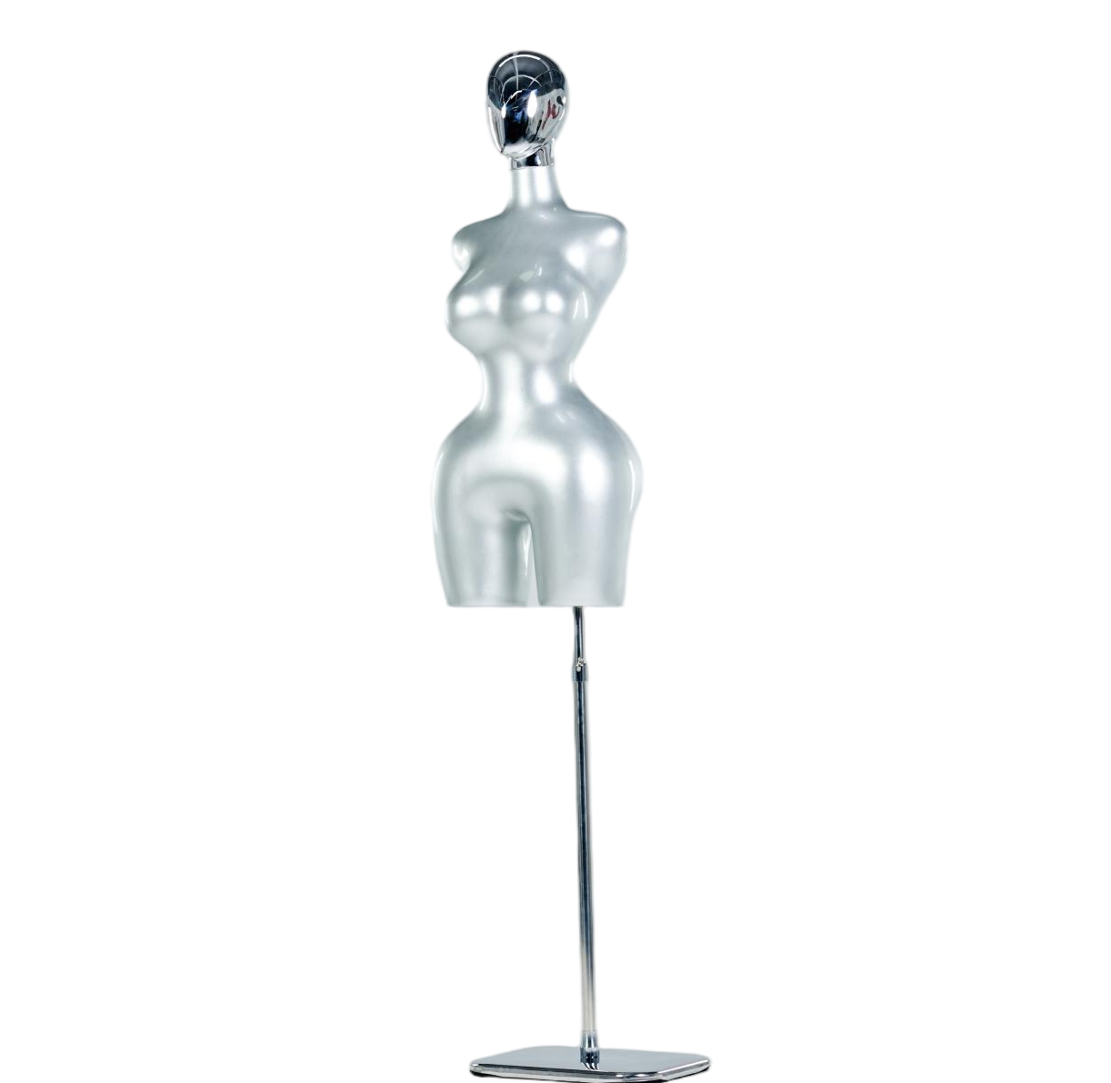 Manequim feminino prateado de meio corpo com cabeça
