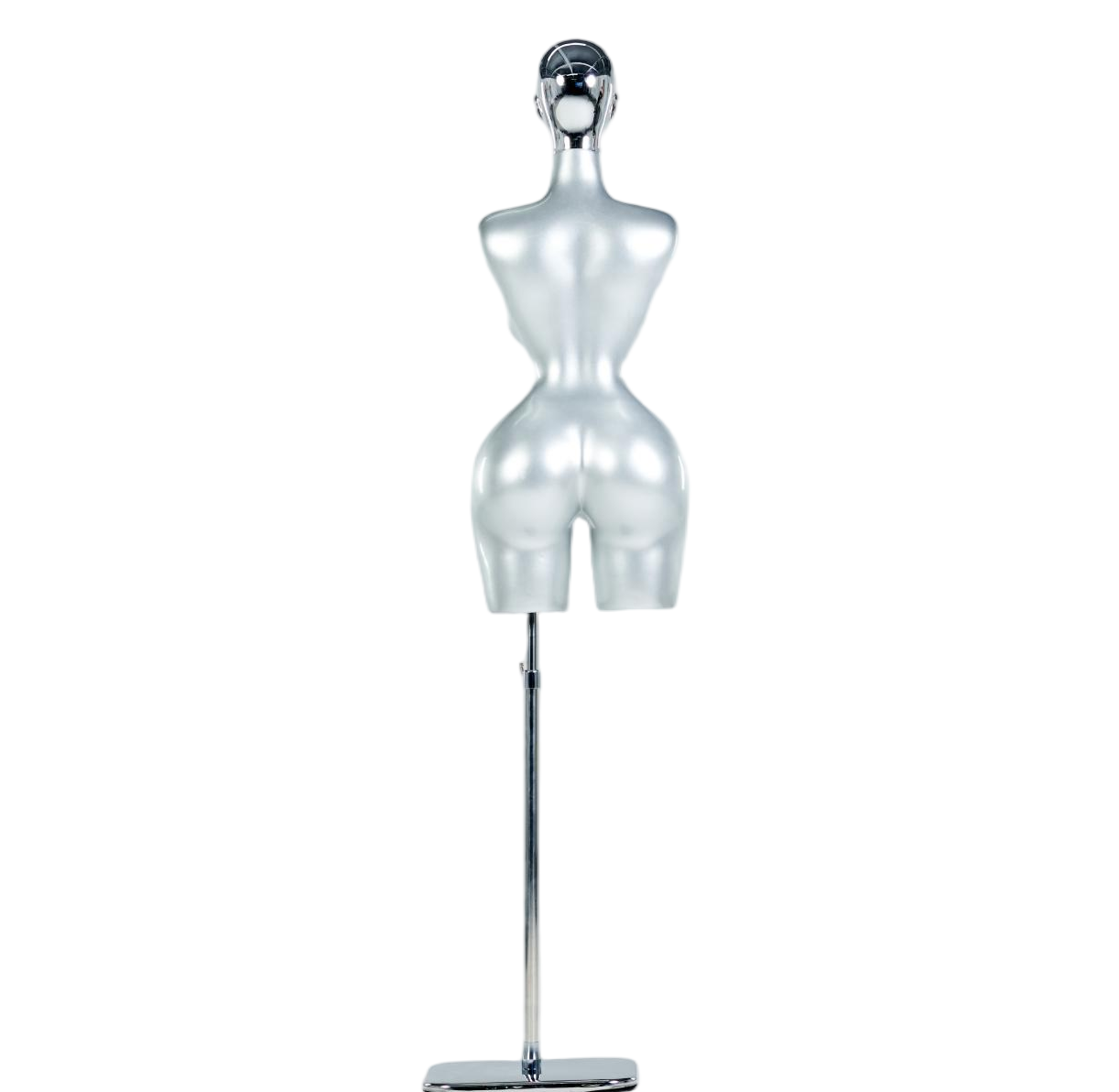 Manequim feminino prateado de meio corpo com cabeça