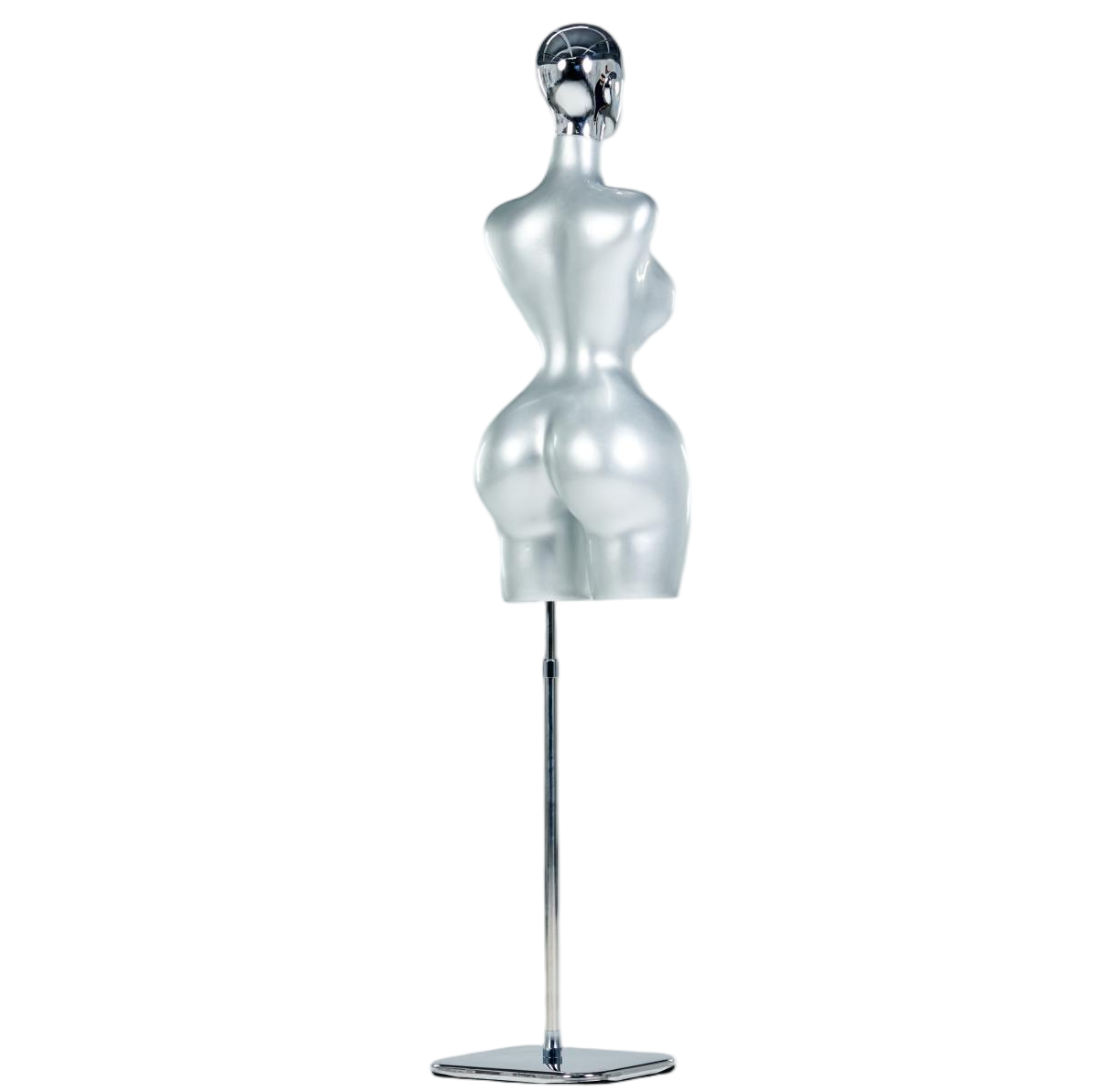 Manequim feminino prateado de meio corpo com cabeça