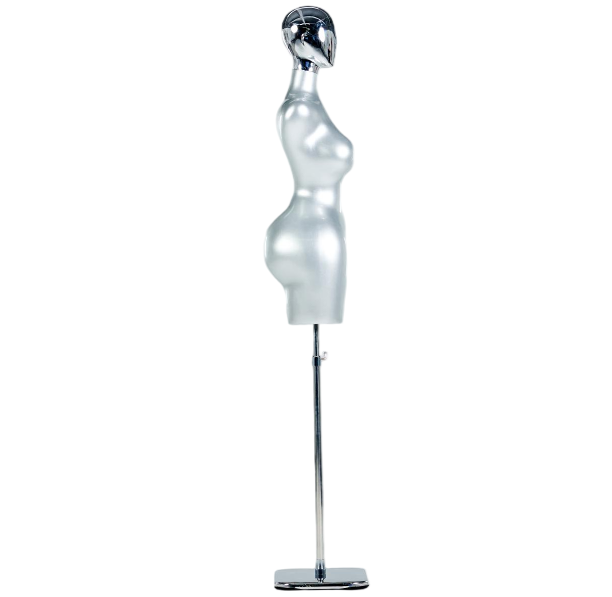 Manequim feminino prateado de meio corpo com cabeça