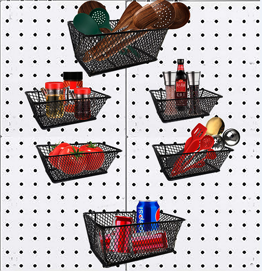6 Pcs Black Pegboard Baskets Metal Wire Shelf Baskets Peg Board Organizer Accessories