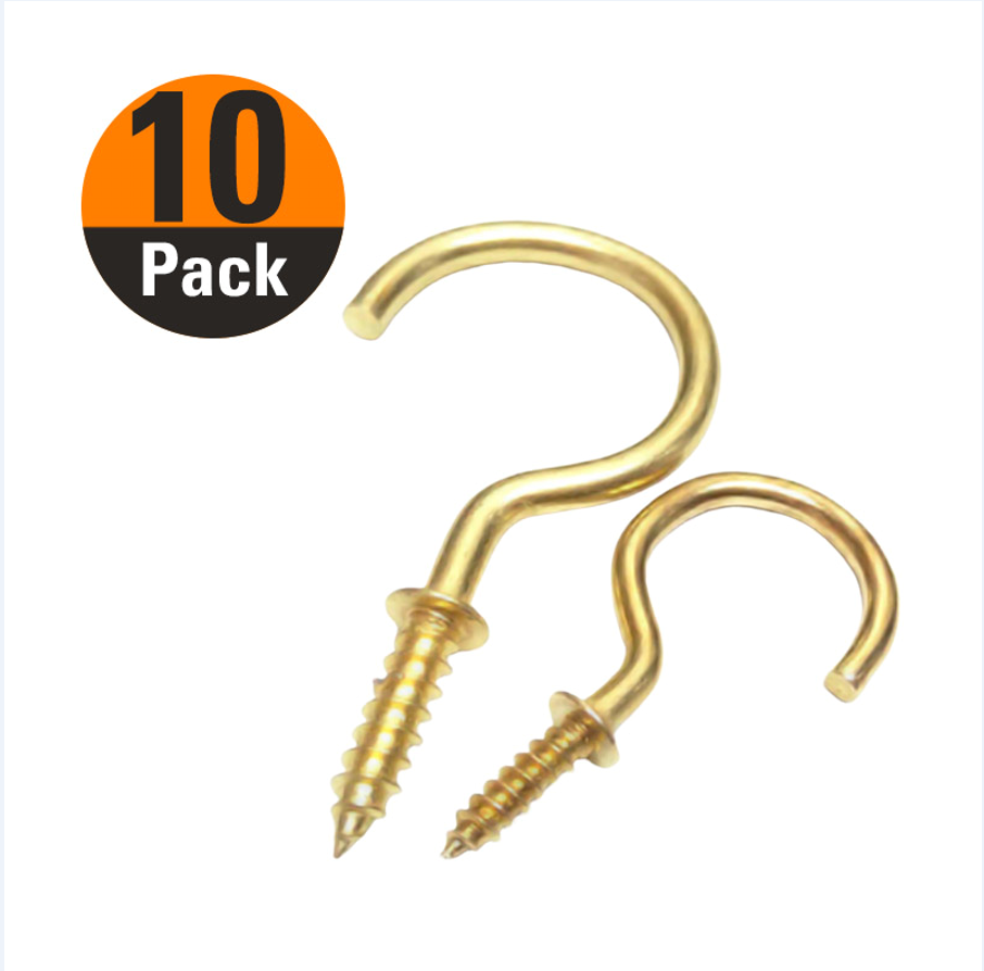 Brass Plated 1.25 Inch Cup Hooks - 10 Hooks