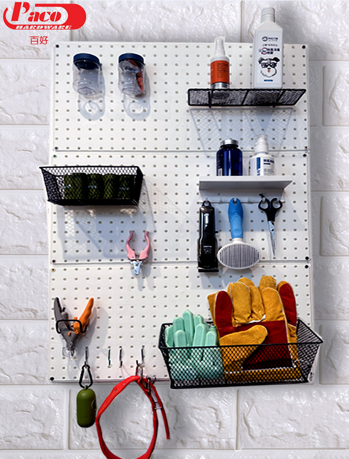 Pegboard Wall Rack Pet Supplies Organizer with Peg Hooks & Shelves & Baskets