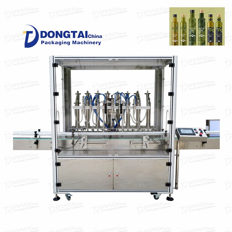 Automatic filling and sealing machine for olive oil glass bottles