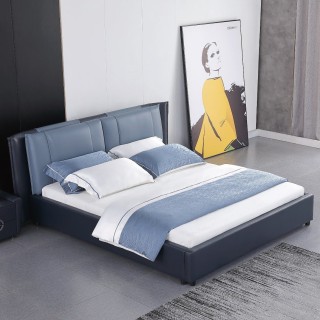 KS2538 Moderne Schlafzimmermöbel Hochwertiges Kingsize-Bett aus blauem Leder