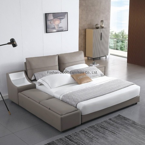 KS2581中式現代臥室家具棕色真皮特大床帶儲物中式現代臥室家具棕色真皮特大床帶儲物