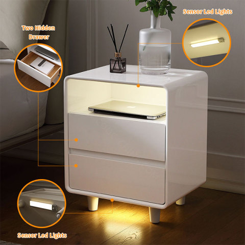 Modernong Hotel Bedroom Smart Bedside Table White Nightstand na may Led light na Smart Night Stand