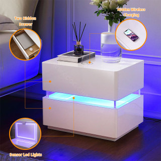 Modern White Led Night Stand with Wireless Charger Bed Side Smart Nightstand Bedside Table for Bedroom