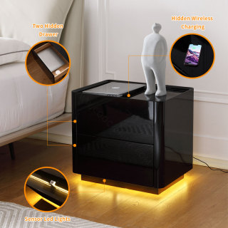 Modern Minimalist Led Black Bedside Table Wooden Smart Nightstand with Charging Station