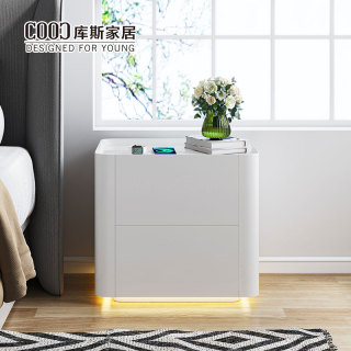 Modern Minimalist Led Black Bedside Table Wooden Smart Nightstand with Charging Station