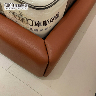 Double Upholstered Genuine Leather Bed Queen King Size Luxury Modern Faux Leather Bed by Headboard