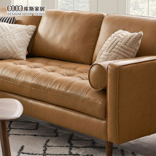 Ruang Tamu Modern Desain Berumbai Sofa Kulit Coklat Sectional Sofa Bentuk L dengan Ottoman