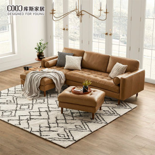 Living Room Modern Tufted Design Brown Leather Chaise Sectional Sofa L Shape Couch with Ottoman