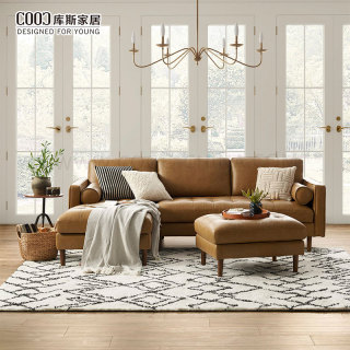 Ruang Tamu Modern Desain Berumbai Sofa Kulit Coklat Sectional Sofa Bentuk L dengan Ottoman