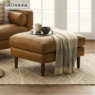 Ruang Tamu Modern Desain Berumbai Sofa Kulit Coklat Sectional Sofa Bentuk L dengan Ottoman