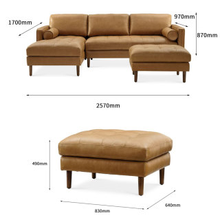 Ruang Tamu Modern Desain Berumbai Sofa Kulit Coklat Sectional Sofa Bentuk L dengan Ottoman
