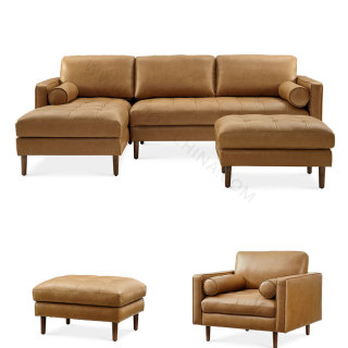 Ruang Tamu Modern Desain Berumbai Sofa Kulit Coklat Sectional Sofa Bentuk L dengan Ottoman