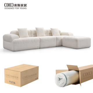Foshan Factory Modern Shaped Modular Sectional Boneless Couch Set Ruang Tamu 3 Seater Compressed Sofa with Ottoman