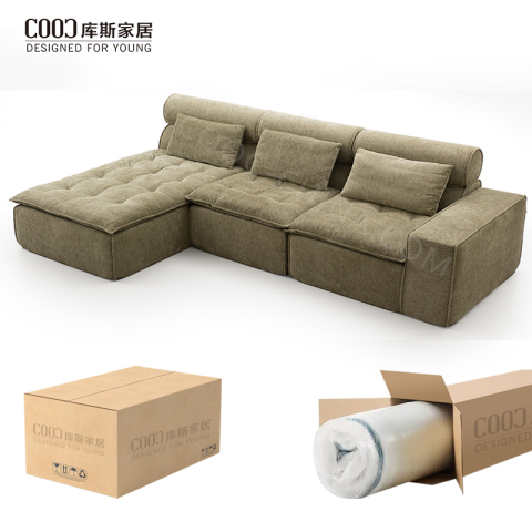 Luxury Fabric Living Room Furniture Foam Boneless L Shaped Corner Sectional Chaise Lounge Sofa Set Vacuum Compressed Couch