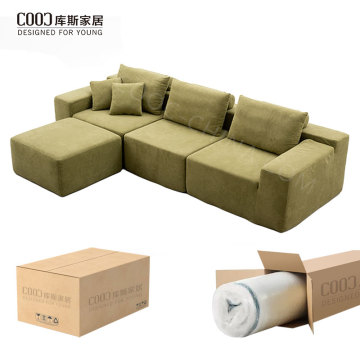 Conjunto de sofá modular em formato de L para sala de estar, com estofamento em espuma e tecido chinês, otomano, embalado a vácuo e sem estrutura interna.