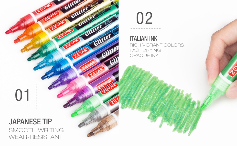 12 Glitter Works ZEYAR Glitter Paint Pens Water Based Acrylic Ink Fine Point 