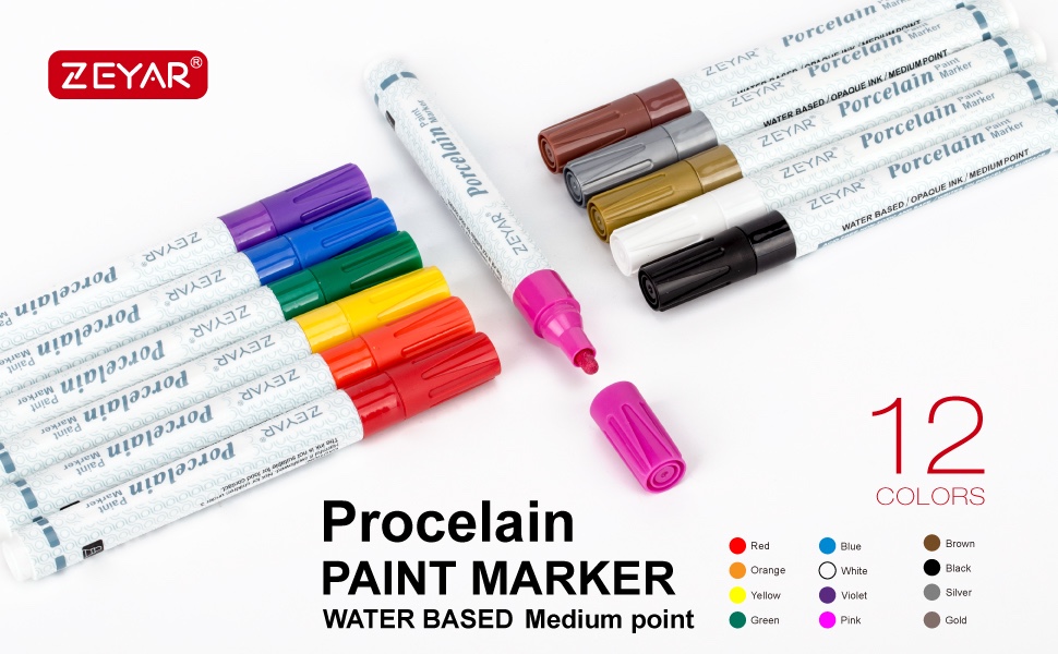 Medium Tip porcelaine paint pen - Set of 12 ceramic paint pens