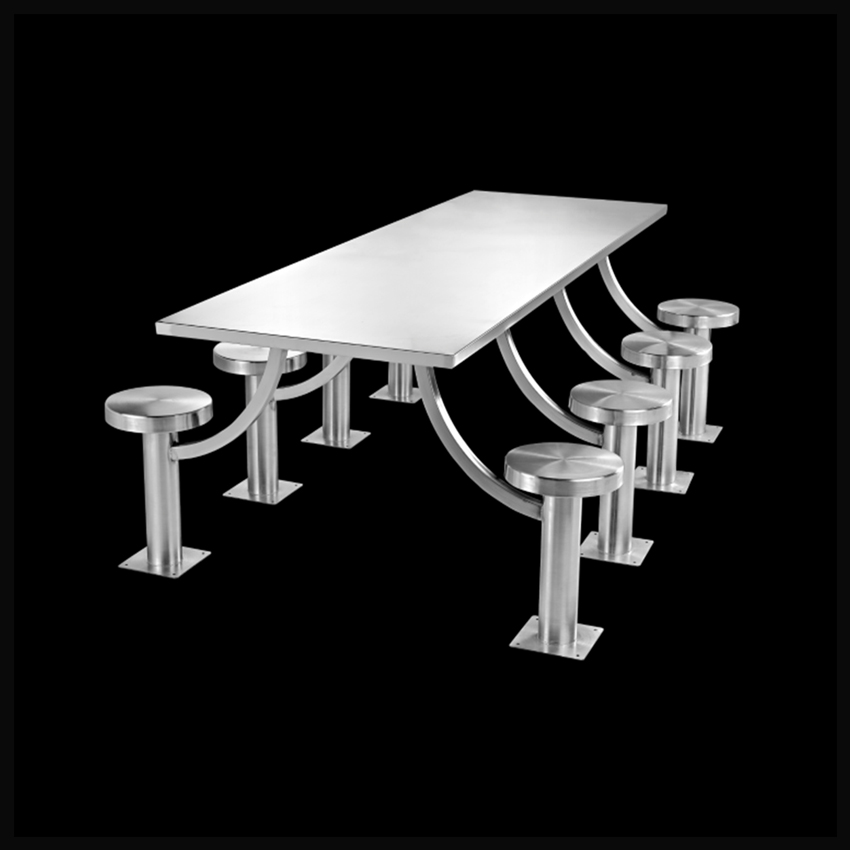 The stainless steel dining tables and chairs