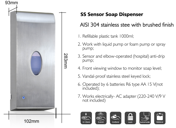 Distributeur de savon en mousse liquide en acier inoxydable, capteur infrarouge automatique électrique mural