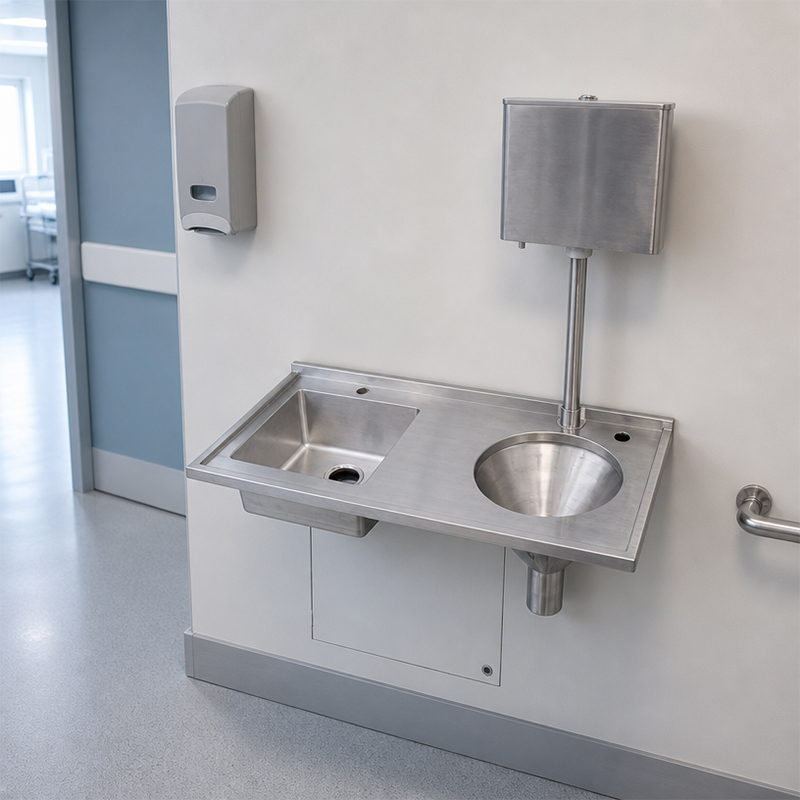 ¿Qué características debe tener un lavabo de acero inoxidable para su uso en proyectos hospitalarios?