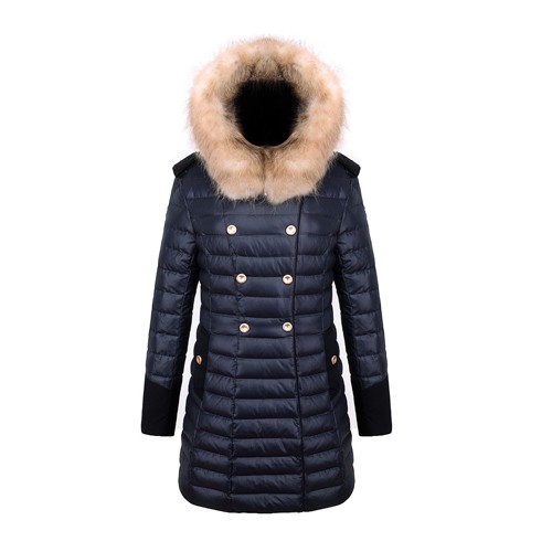 Fashion Women Winter Down Coat Double Breasted Long Outerwear and Hooded with Fake Fur