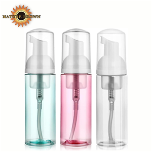 Transparent PET foaming pump bottles in mint green pink and clear with white foam pump head for cosmetic skincare use