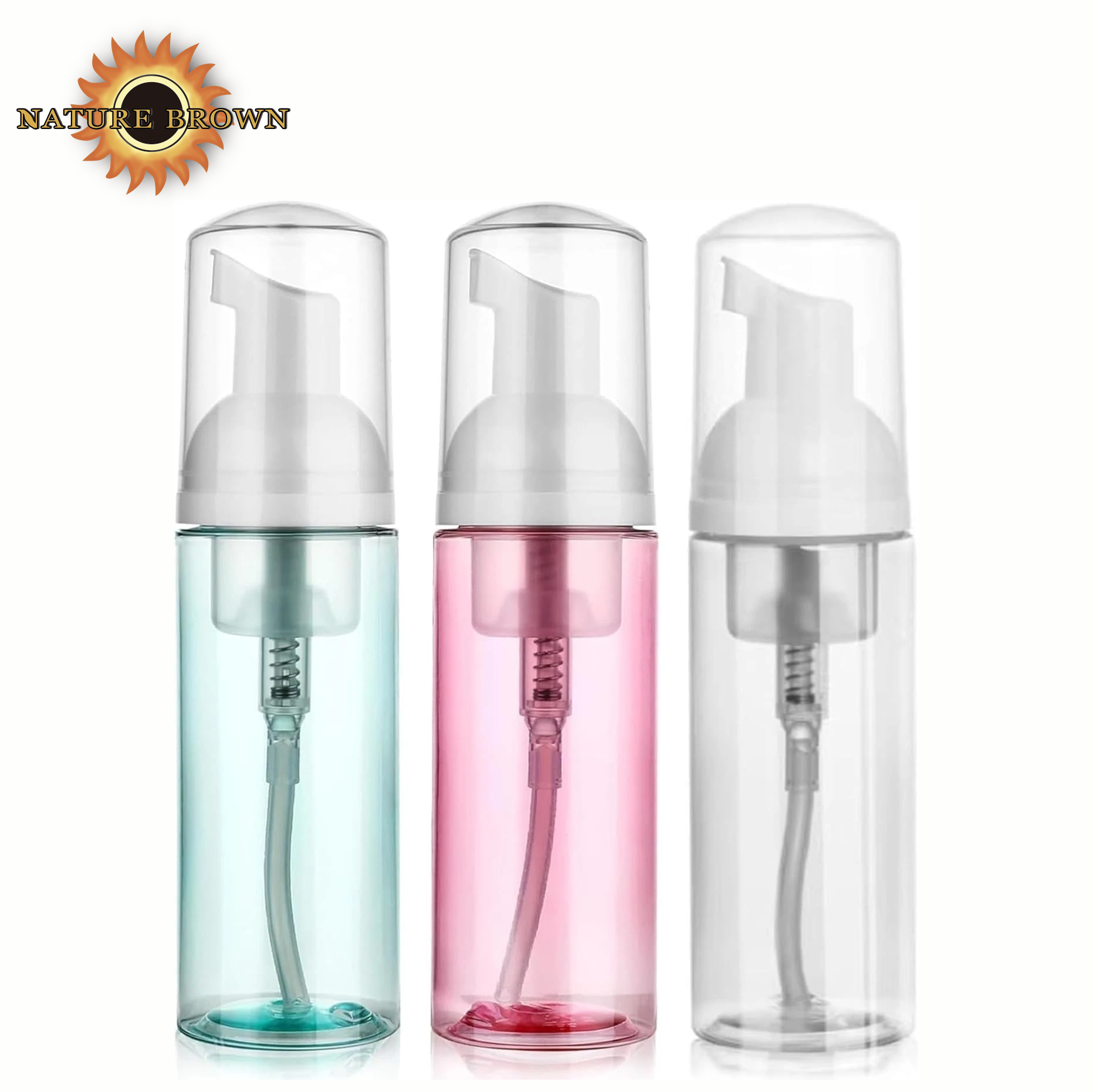 Transparent PET foaming pump bottles in mint green pink and clear with white foam pump head for cosmetic skincare use