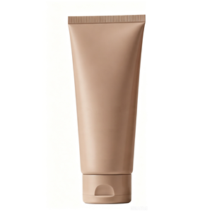 Matte nude beige soft squeeze cosmetic tube with ribbed flip cap for lotion cream cleanser and self-tanning product packaging