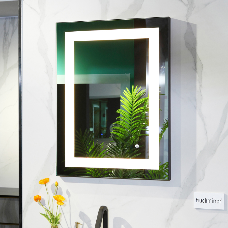 Dimmable black aluminum framed bathroom mirrors with touch sensor
