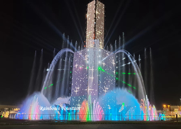 ABU Dhabi zenés táncoló szökőkút lézershow projekt rendezvényre, EGYESÜLT Arab Emírségek, a Rainbows Fountain megvalósítása