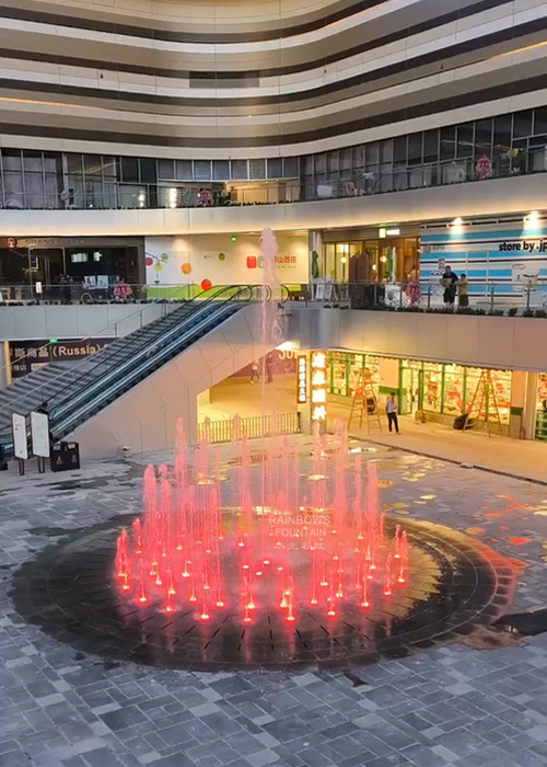 Foshan, Guangdong Mall, diâmetro quadrado de 8,4 m, projeto de fonte seca com luz LED colorida redonda foi entregue com sucesso