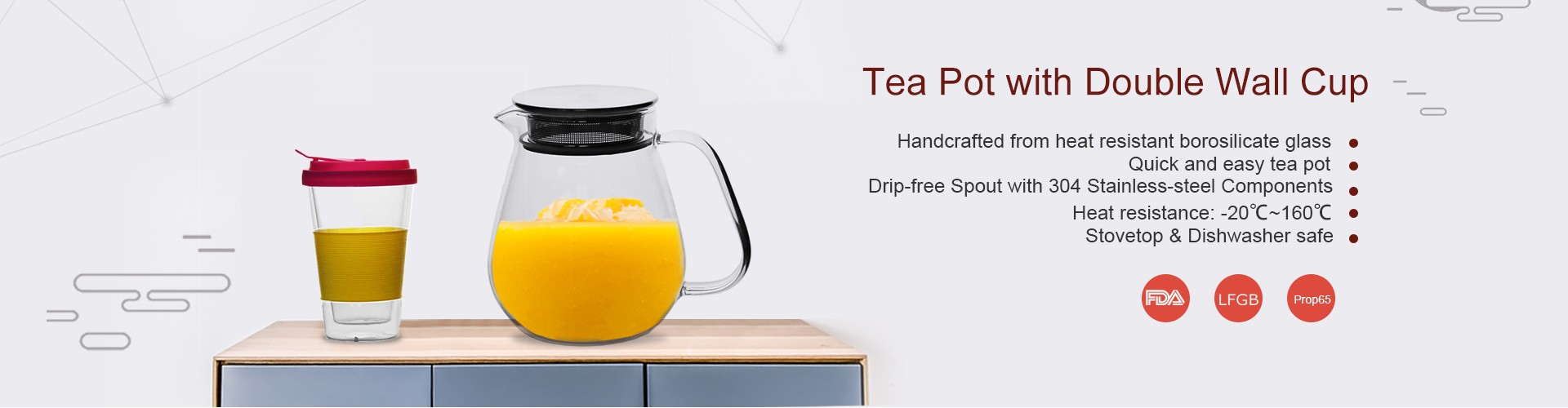 borosilicate glass teapot with double wall glass cups