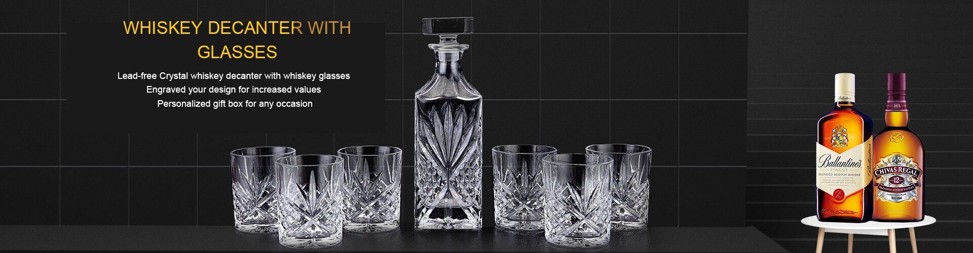engraved whiskey decanter with rock glasses