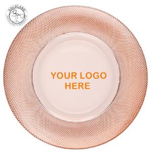 Круглые прозрачные стеклянные обеденные тарелки с оправой из розового золота