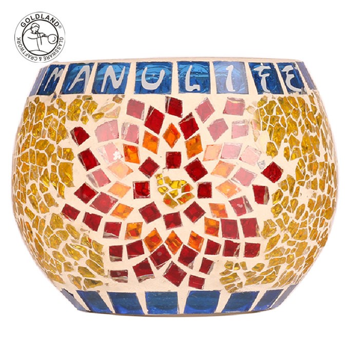 Round Multicolored Mosaic Glass Pillar Candle Holder