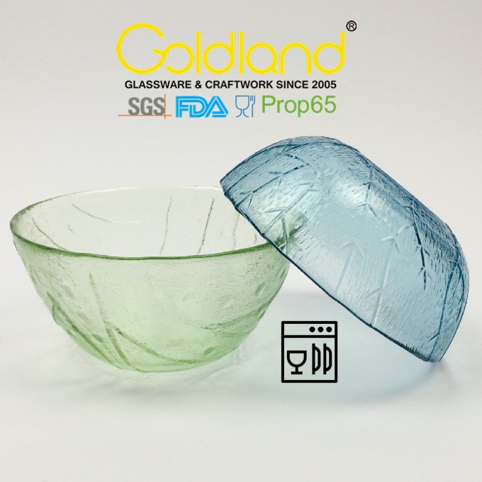 圆形彩色玻璃沙拉碗定制创意浮雕玻璃碗