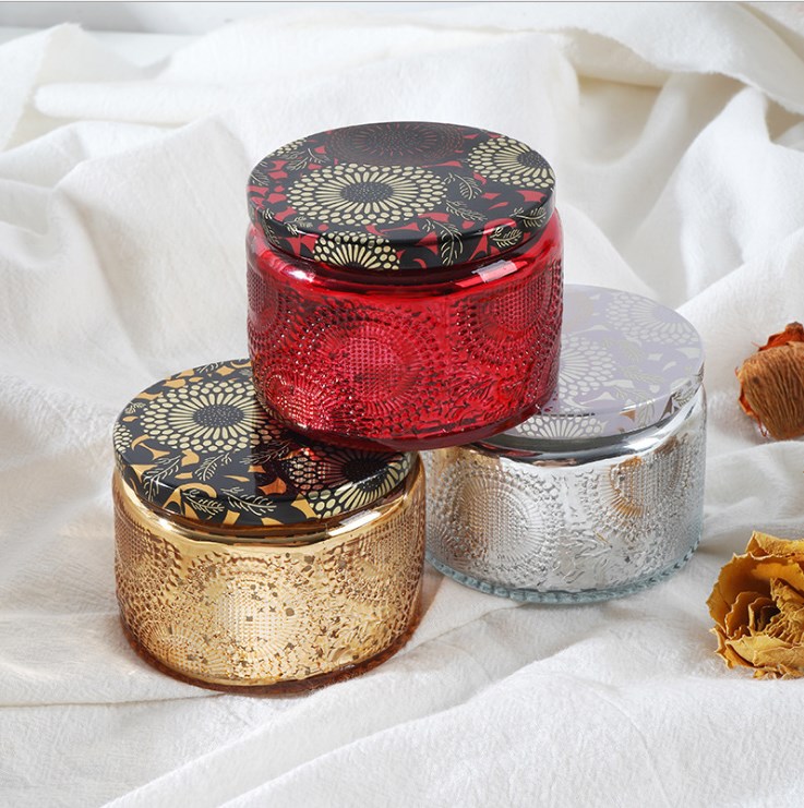 Wholesale luxury gift embossed clear red coloured scent candle glass empty jar with metal lid