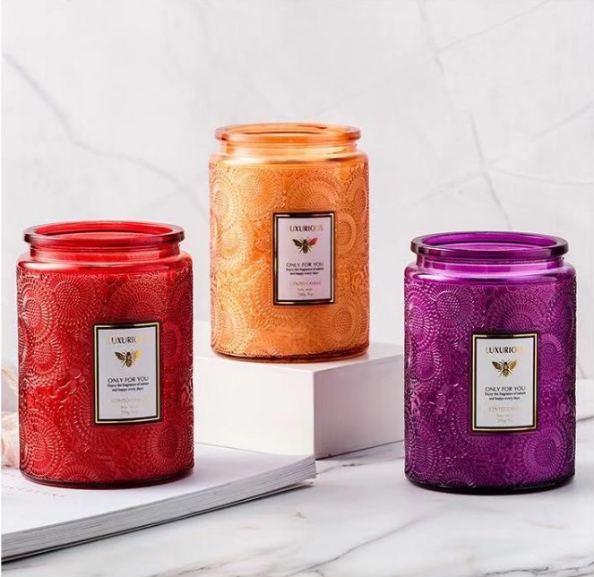 Embossed Shining hot sale low moq luxury colorful glass candle container jars with lid for wedding