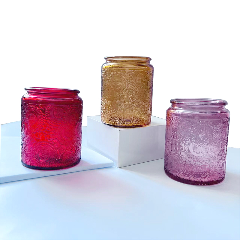 Candelabros vacíos en relieve de lujo coloridos, recipientes para velas de vidrio, tarros con tapa