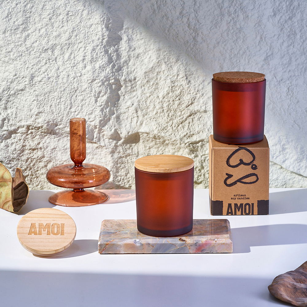 Contenitore di vasetti di vetro vuoto di lusso personalizzato all'ingrosso per candele con coperchio in legno
