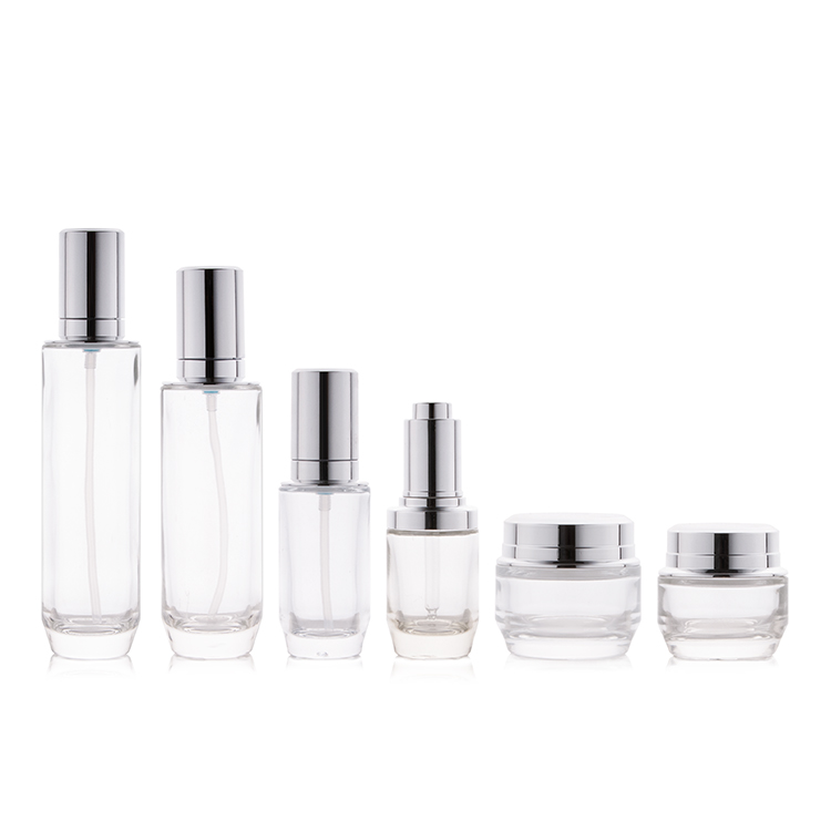 Flacon de lotion en verre de 30 ml, 45 ml, 100 ml et 120 ml ; pot de crème de 30 g et 40 g avec bouchon en aluminium